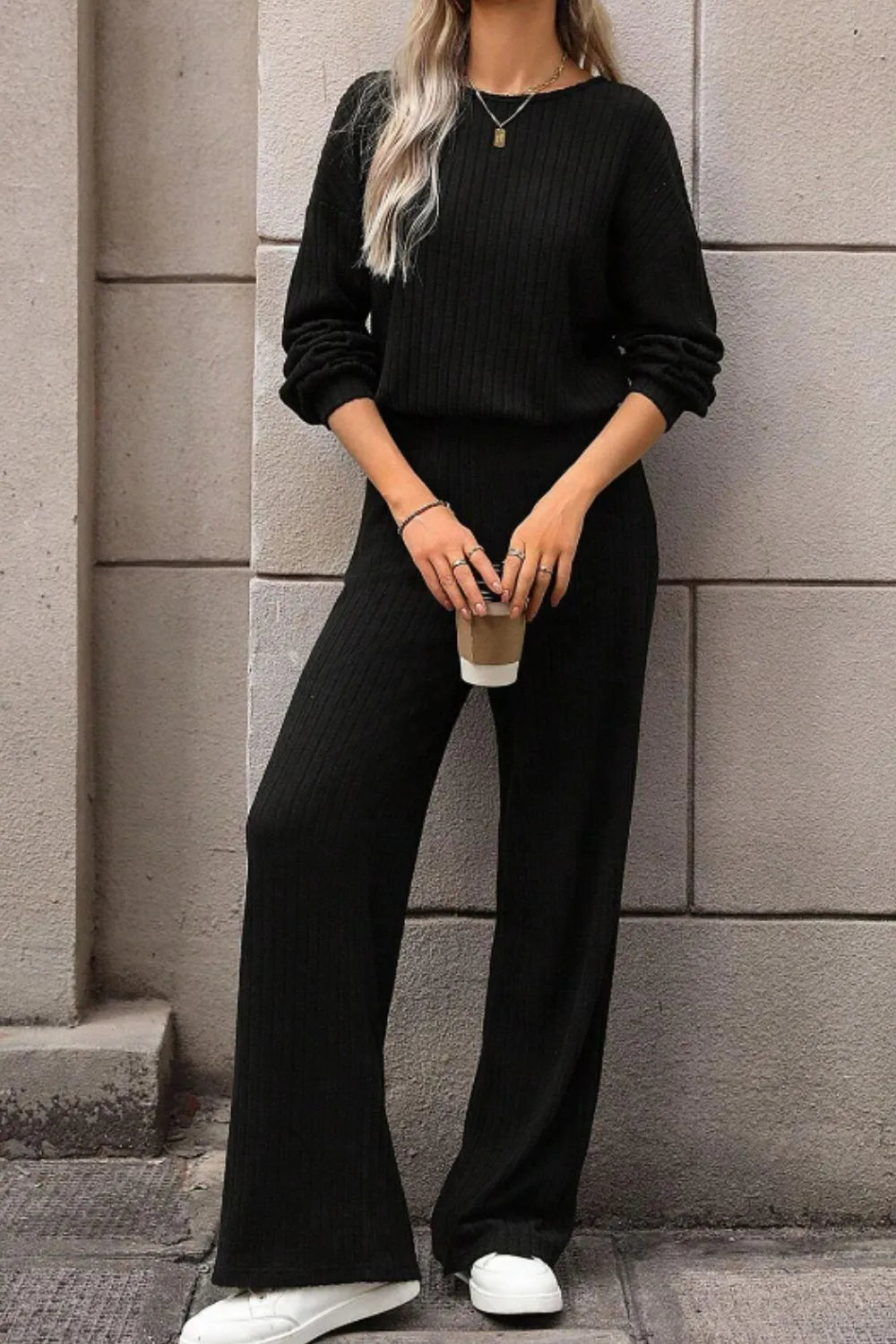 Black Round Neck Long Sleeve Jumpsuit