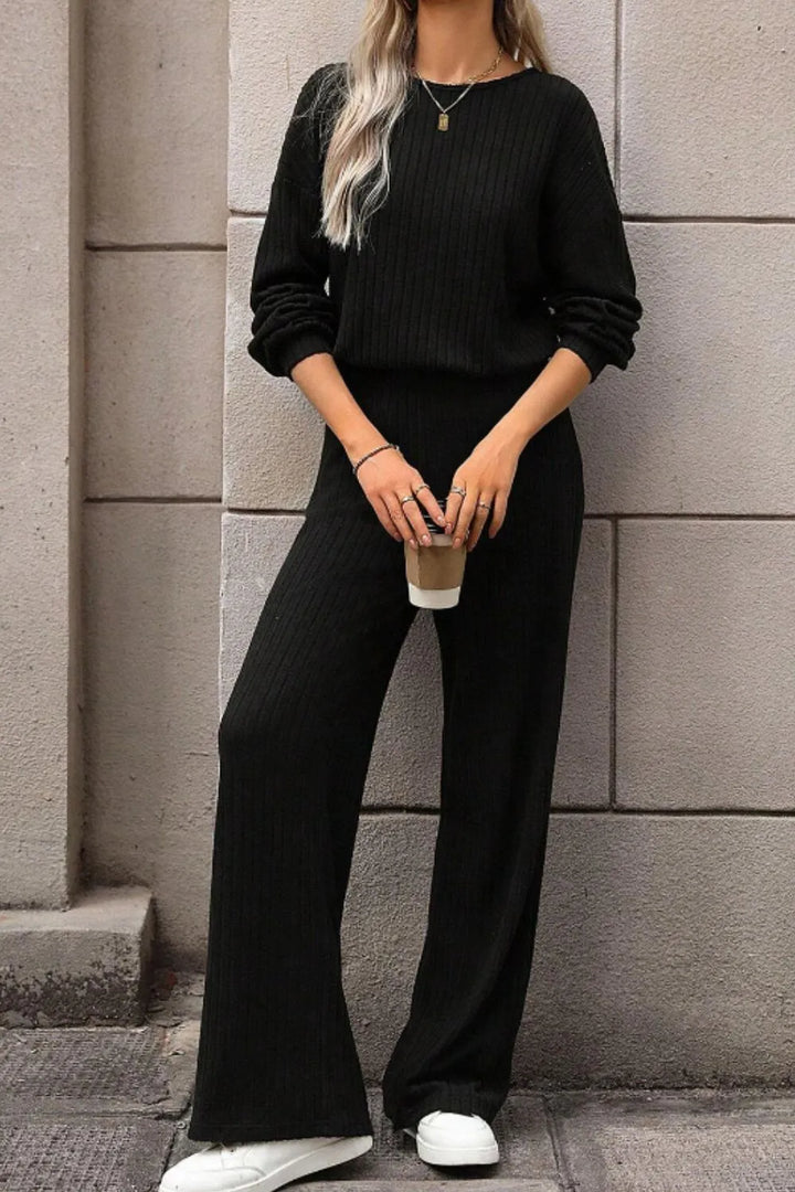 Black Round Neck Long Sleeve Jumpsuit