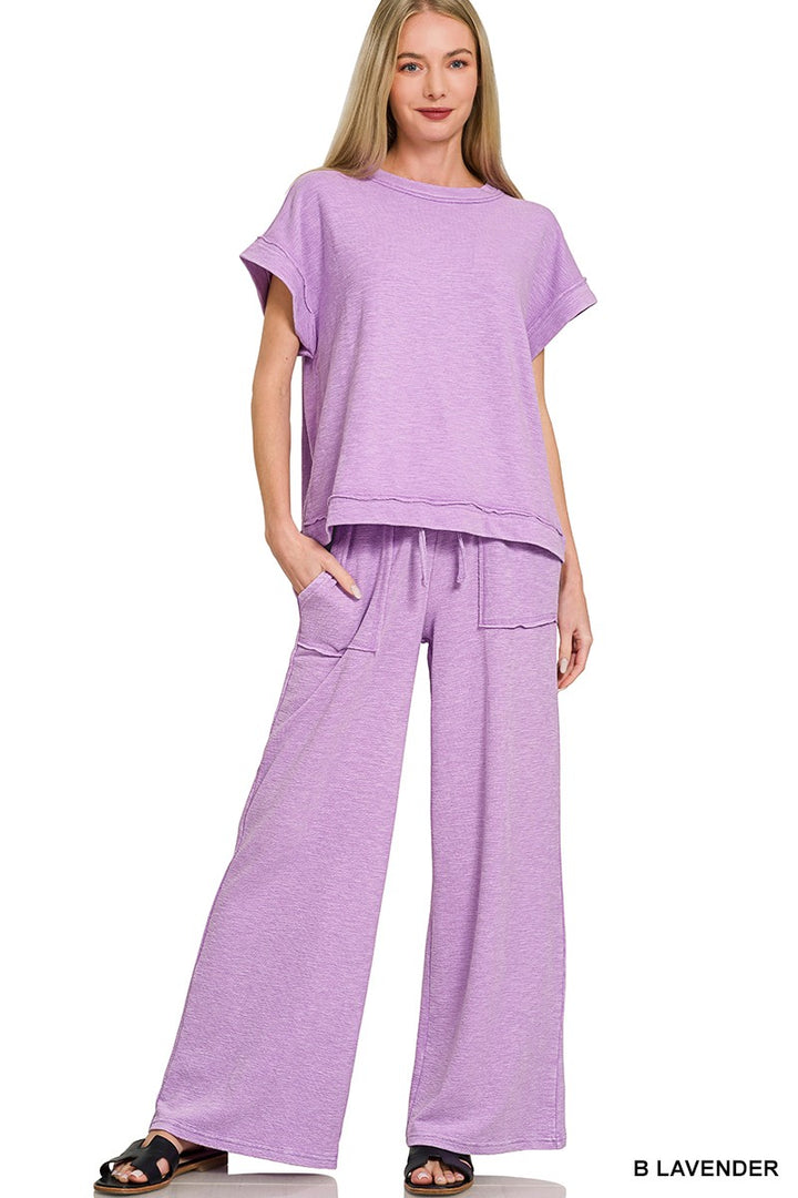 B Lavender Zenana Washed Slub Short Sleeve Tee Long Pants Set 4