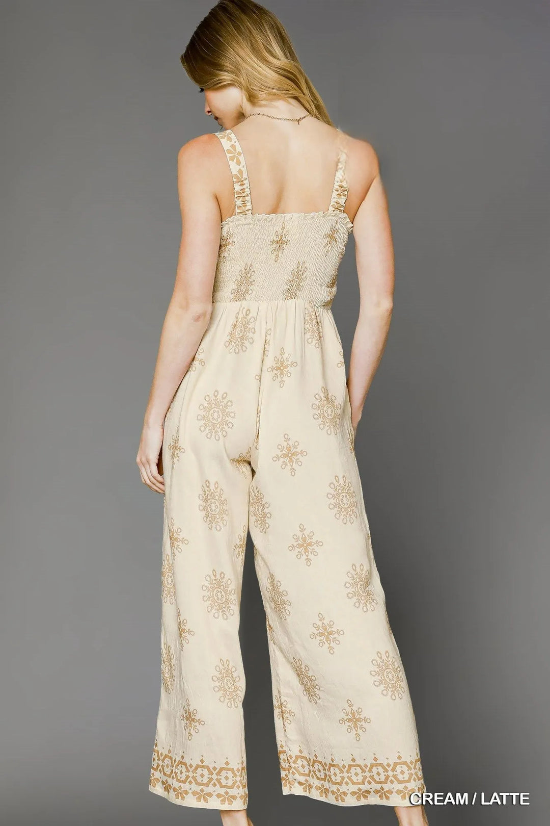 Cream/Latte Umgee Smocked Printed Wide Leg Jumpsuit