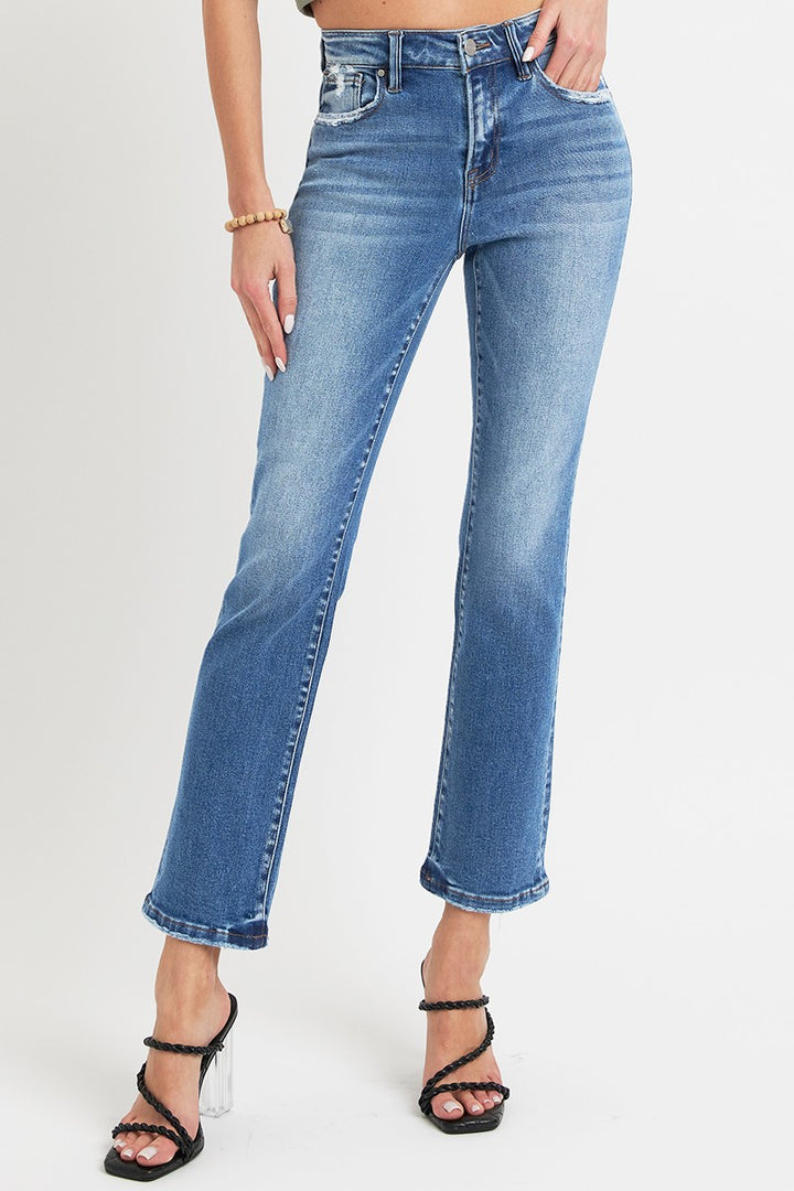 Dark Risen Full Size Mid Rise Ankle Straight Jeans With Pockets