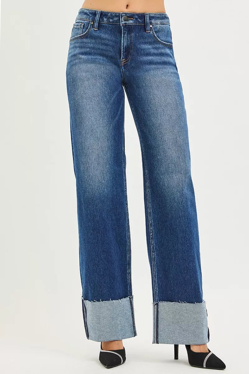 Dark Risen Mid Rise Wide Straight Jeans With Wide Cuff