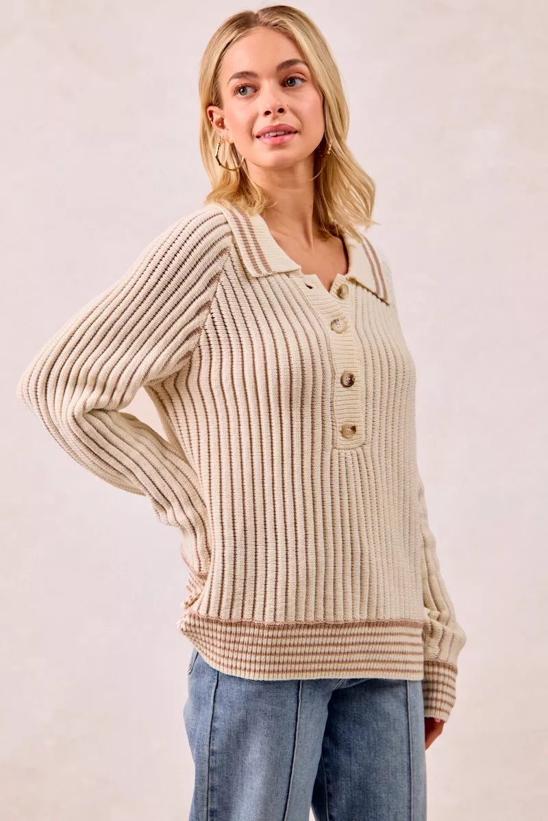 Bibi Half Button Ribbed Two Tone Sweater