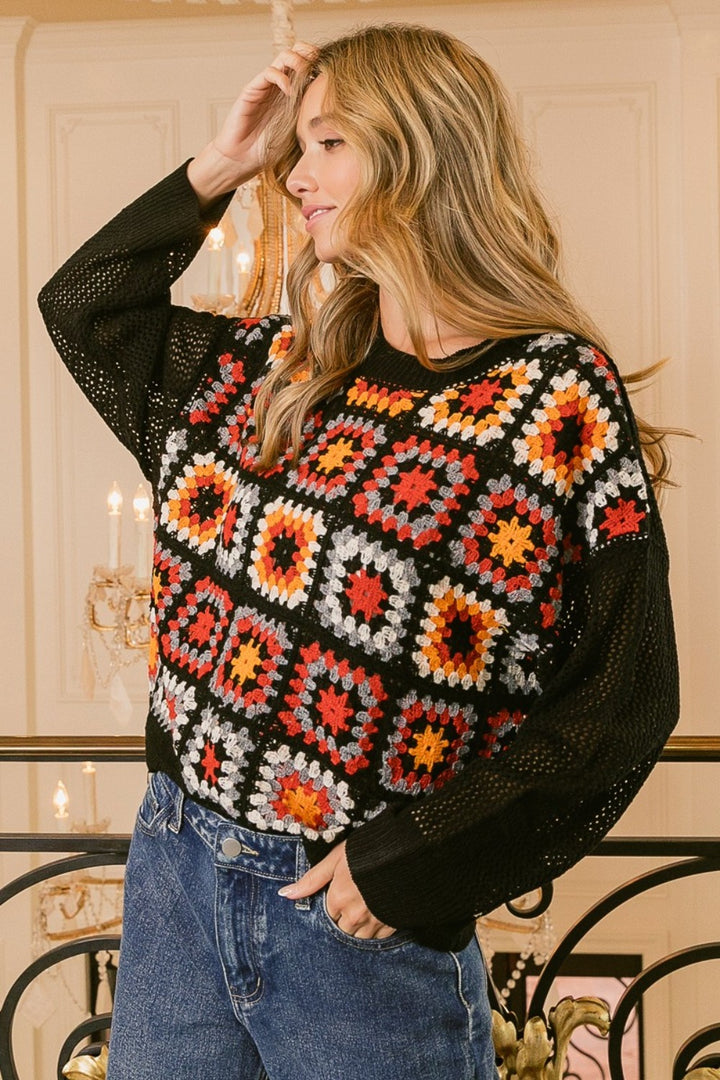 Black Multi Bibi Granny Square Front Long Sleeve Top