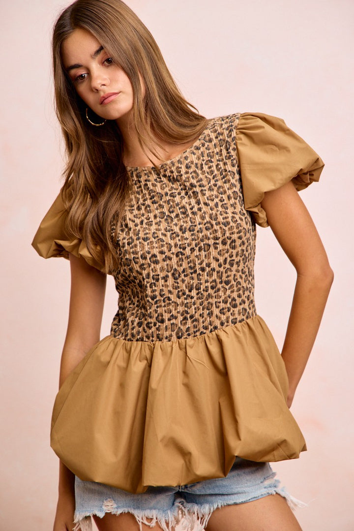 Leopard Bibi Rib Texture Leopard Puff Sleeves Bubble Peplum Top