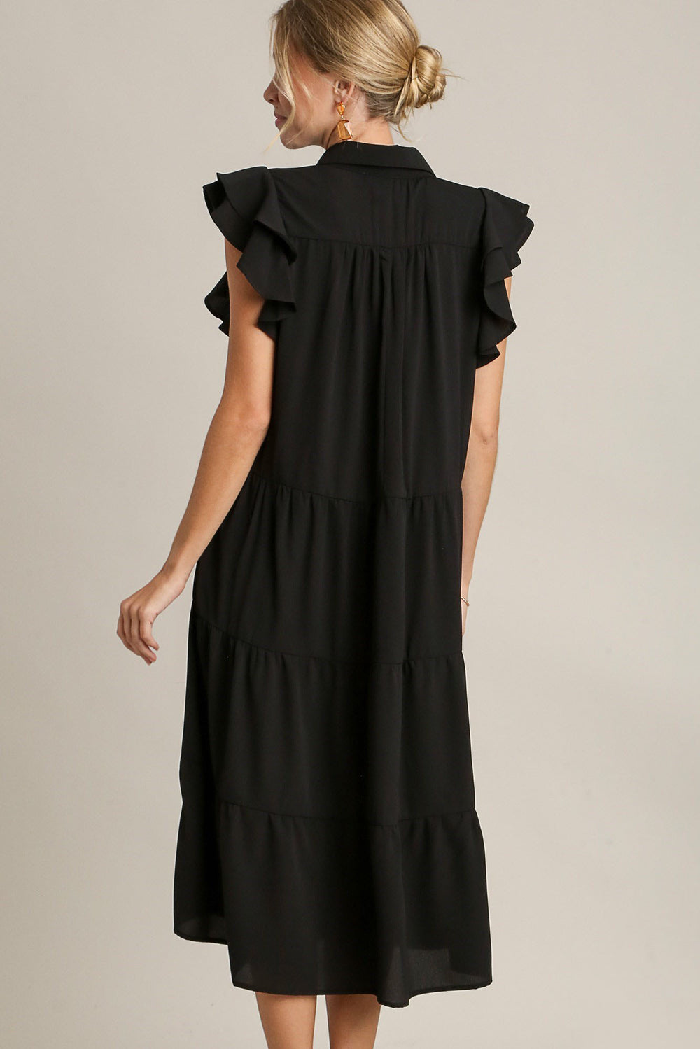Black Umgee Full Size Johnny Collar Ruffle Cap Sleeve Tiered Dress Plus Size