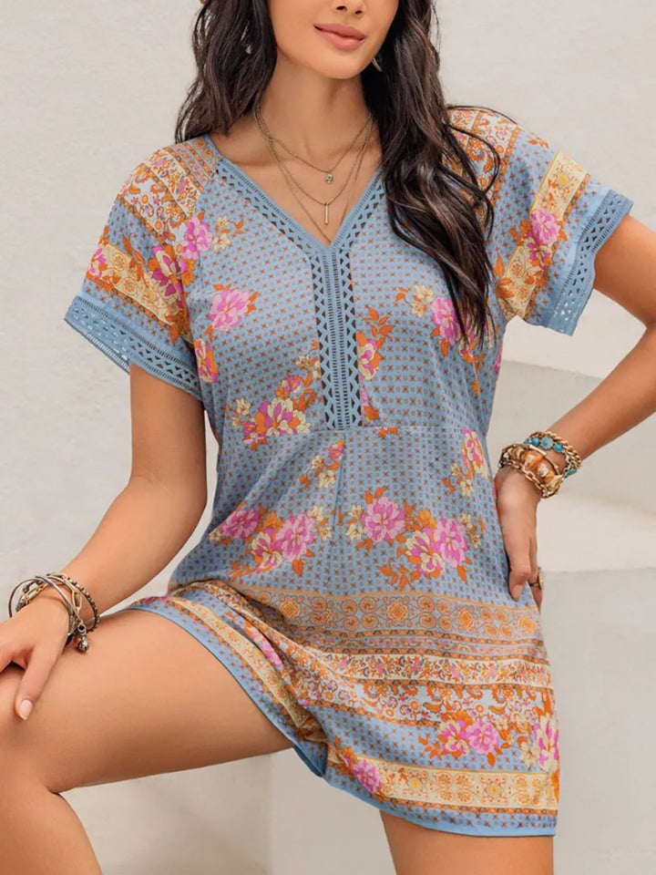 Light Blue Printed V Neck Short Sleeve Romper