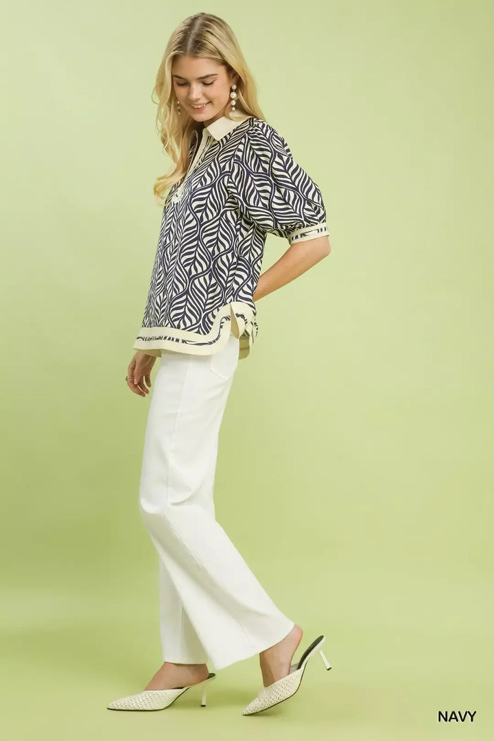 Navy Umgee Geometric Leaf Print Popover Top