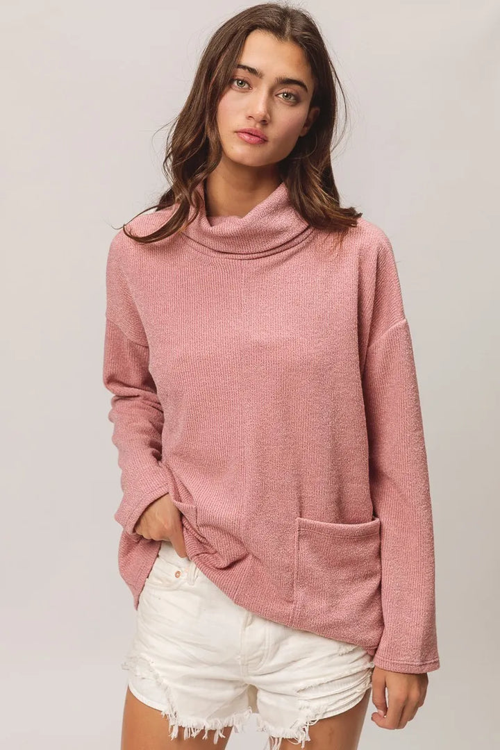Mauve Bibi Piper Rib Double Pocket Turtle Neck Sweater