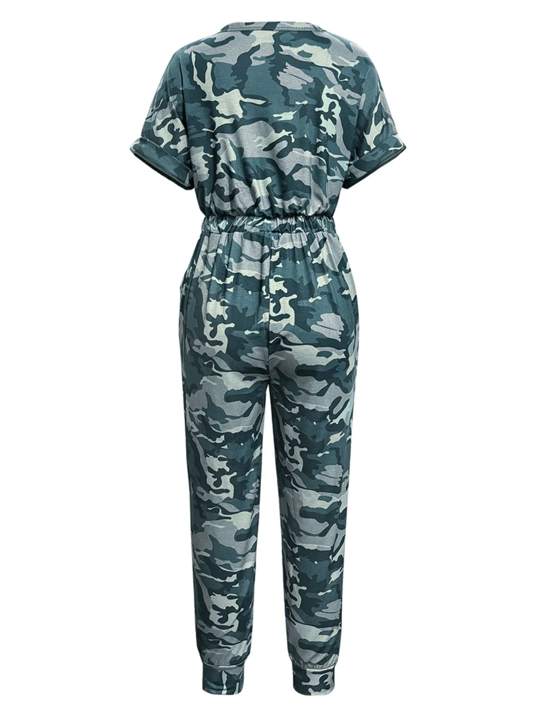 Blue Camouflage Drawstring Waist Short Sleeve Jumpsuit
