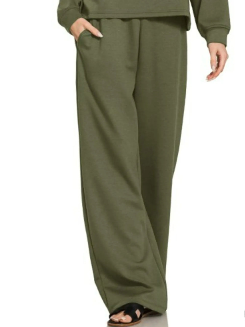 Dk Olive Zenana Scuba Crewneck Sweatshirt And Pants Set