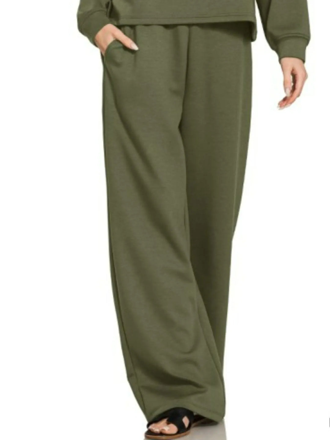 Dk Olive Zenana Scuba Crewneck Sweatshirt And Pants Set