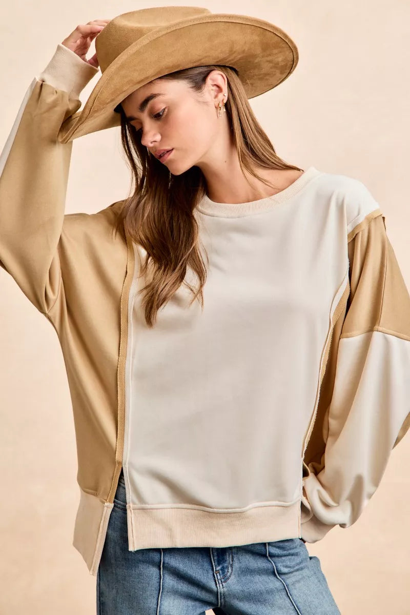 Ivory/Sand Bibi French Terry Color Block Top With Open Seam Detail