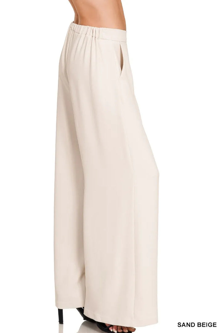 Sand Beige Zenana Relaxed Fit Elastic Waisted Wide Leg Pants 1
