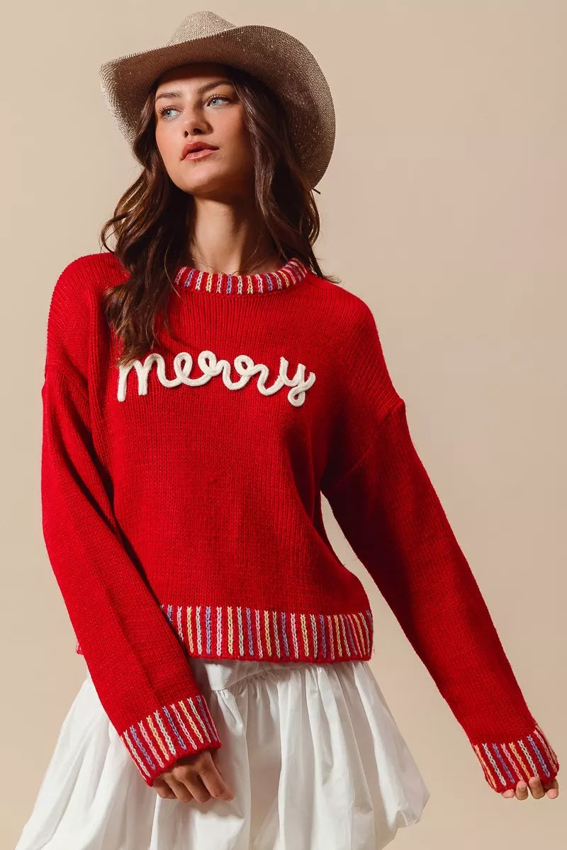 Red/Ivory So Me Merry Lettering Embroidered Christmas Sweater