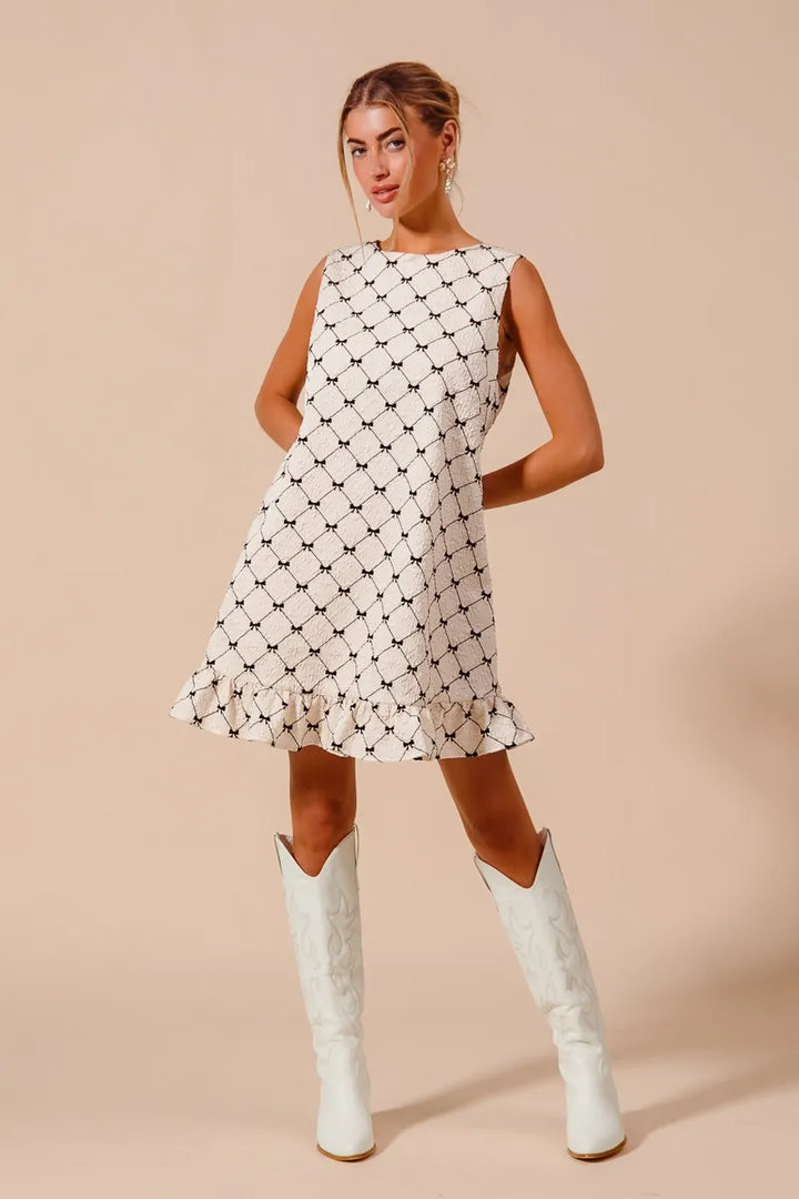 So Me Texture Bow Printed Mini Ruffle Dress