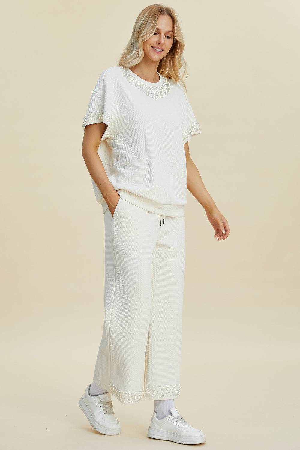 Cream Double Take Full Size Pearl Detail Round Neck Top And Pants Set