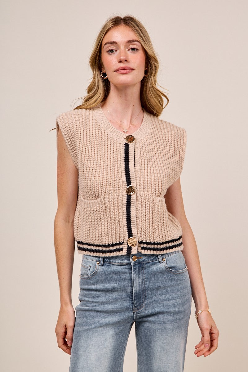 Oatmeal So Me Big Metal Button Front Stripe Edge Knitted Sweater Vest