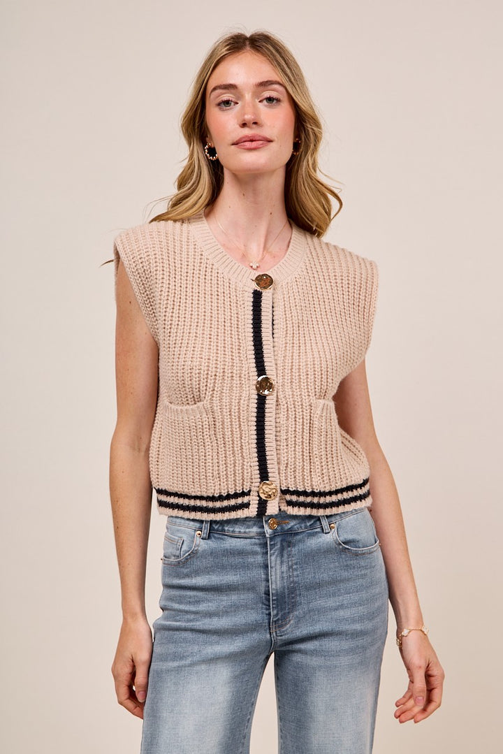 Oatmeal So Me Big Metal Button Front Stripe Edge Knitted Sweater Vest