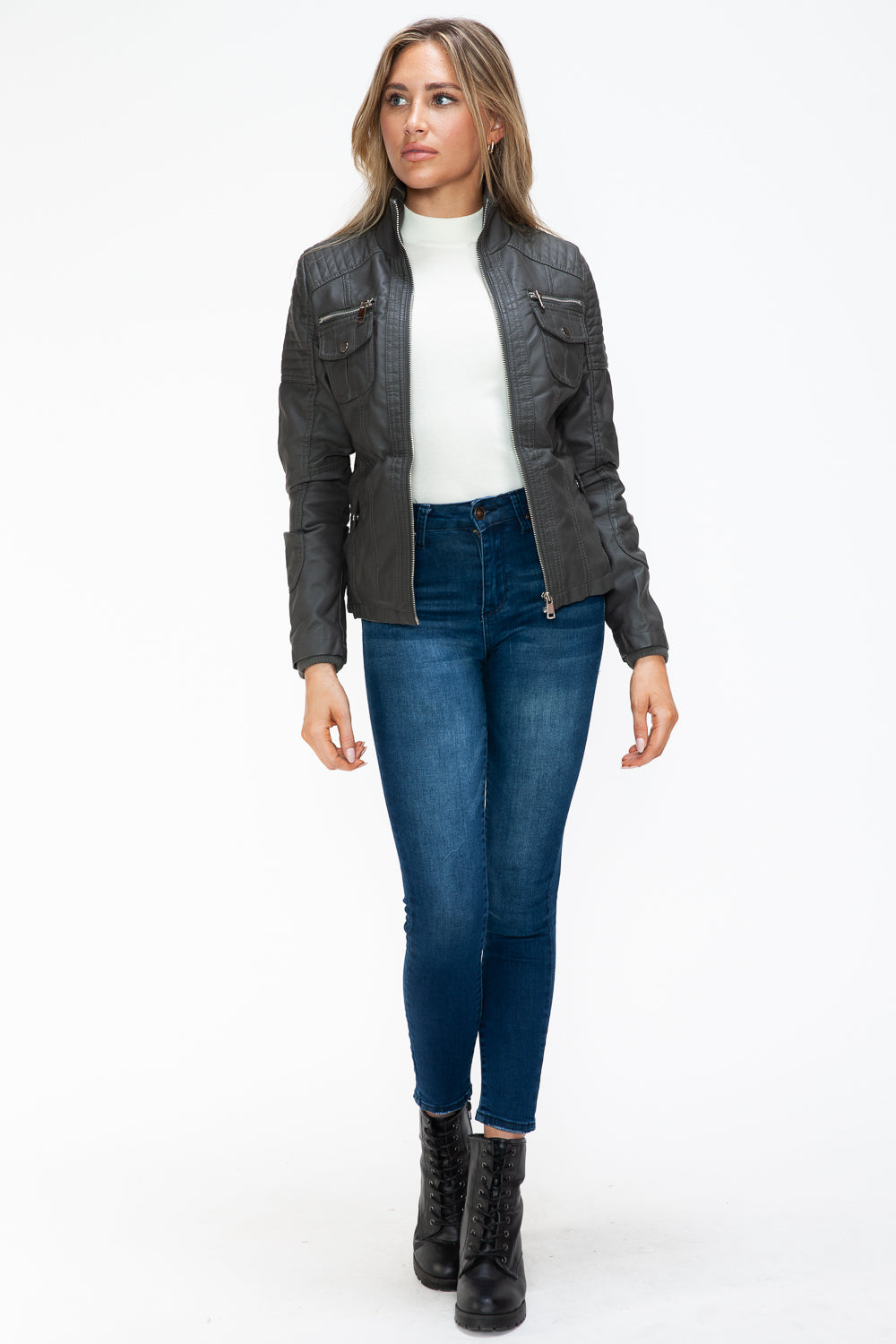 Ymi Removable Faux Layered Multi Pocket Jacket With Fuzzy Hood 1