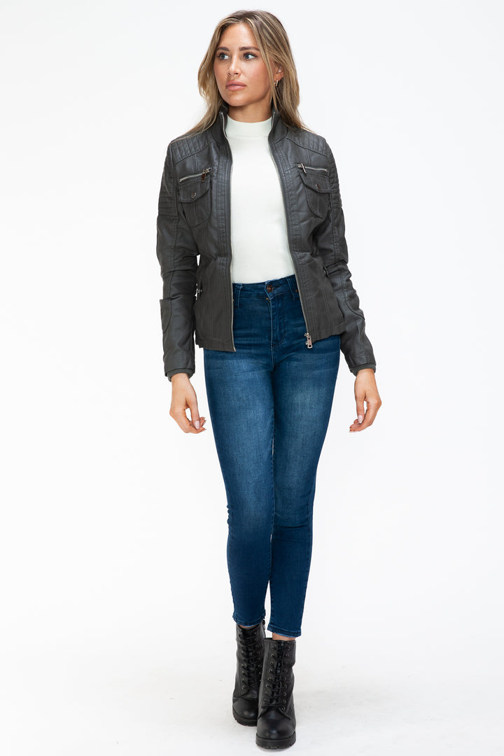 Ymi Removable Faux Layered Multi Pocket Jacket With Fuzzy Hood 1