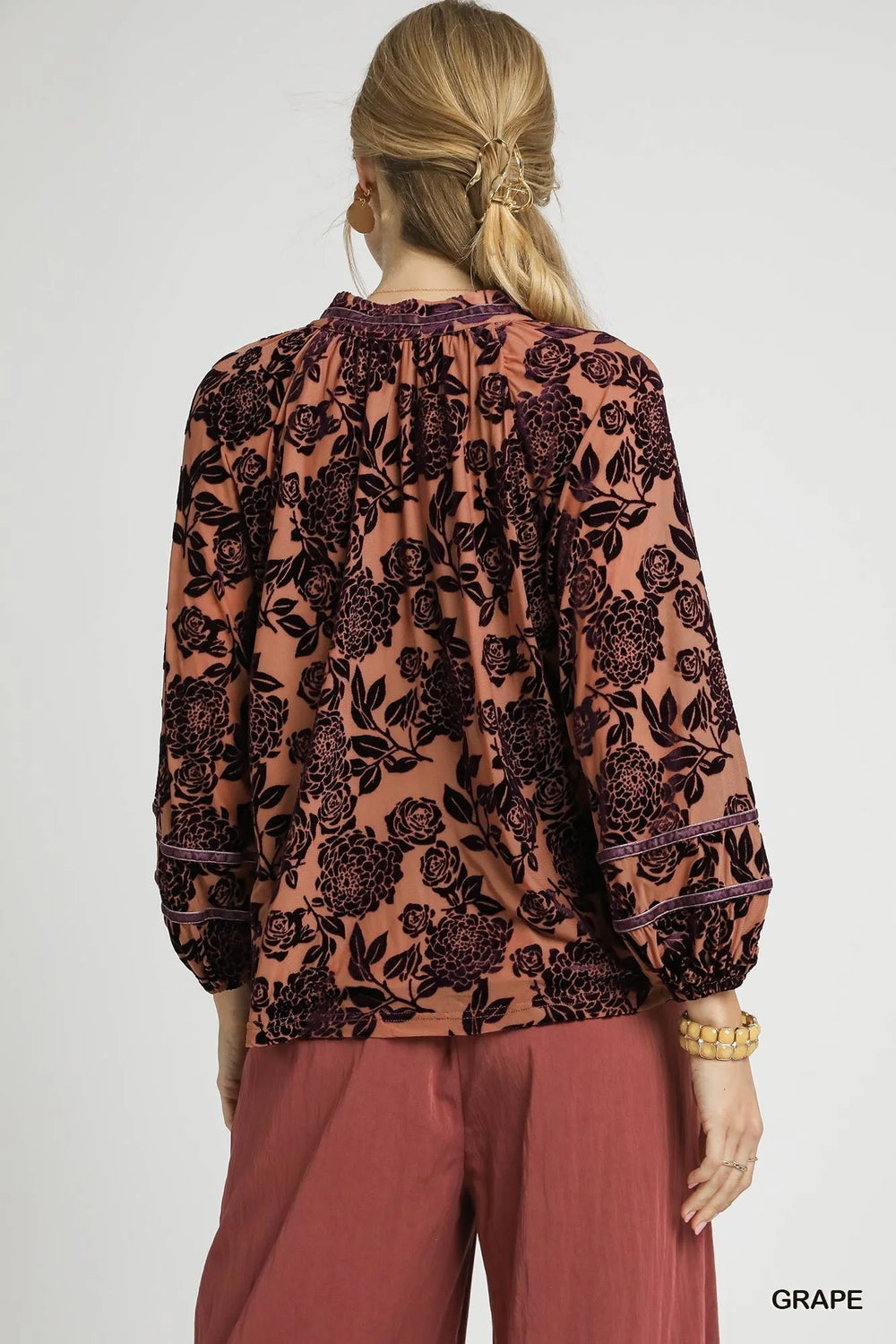 Grape Umgee Floral Velvet Blouse With Balloon Sleeves 1
