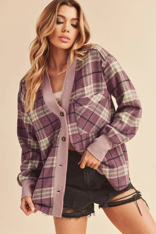 Purple Aemi Co Side Slit Patch Pocket Plaid Button Down Jacket