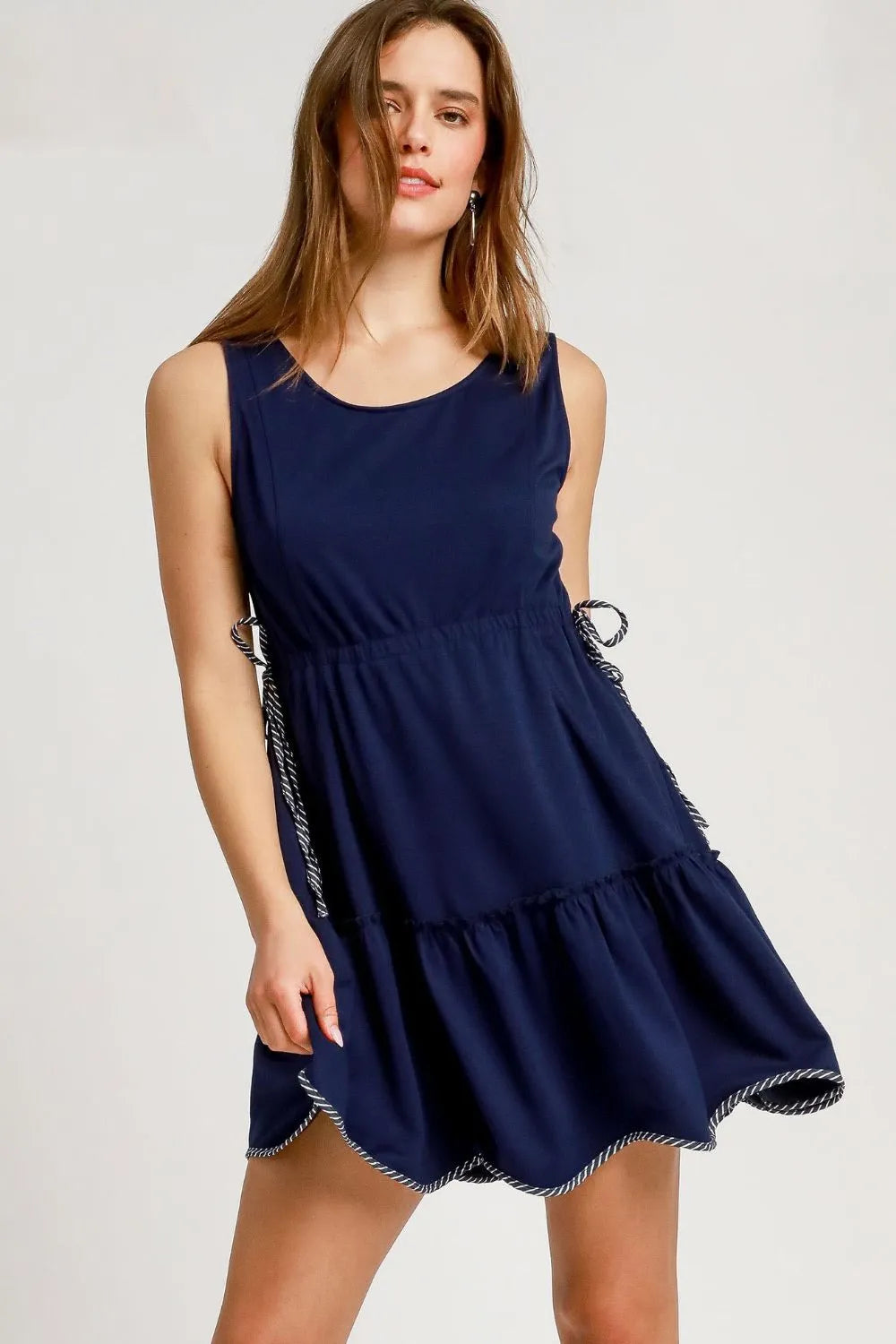 Dark Navy Umgee Frill Drawstring Waist Round Neck Mini Tank Dress