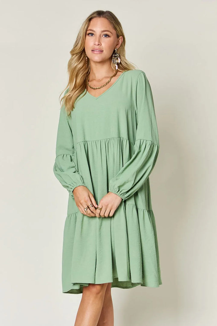 Light Green Double Take Full Size V Neck Balloon Sleeve Tiered Dress With Pockets