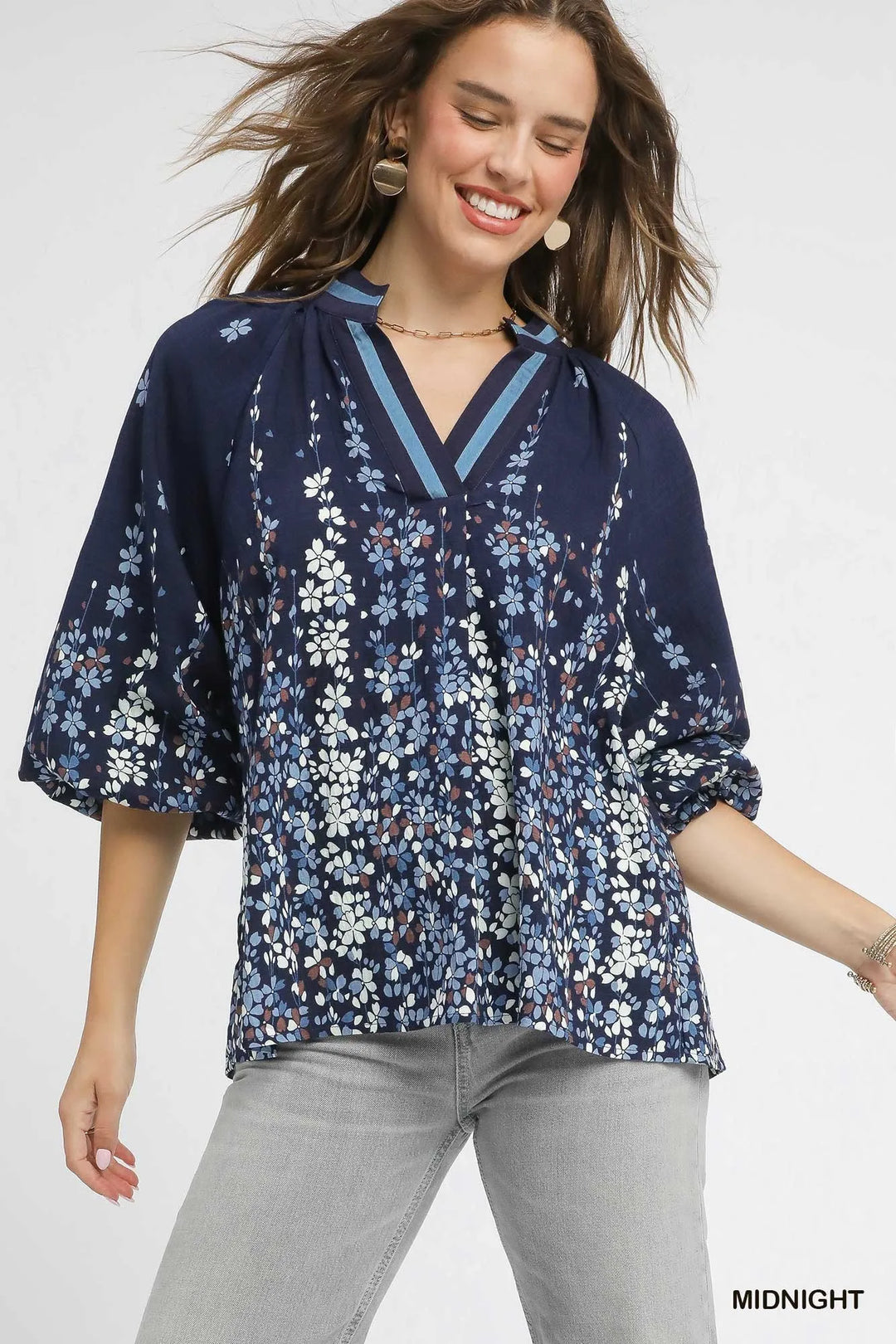 Midnight Umgee Full Size Floral Vine Print Blouse With Balloon Sleeves Plus Size 1