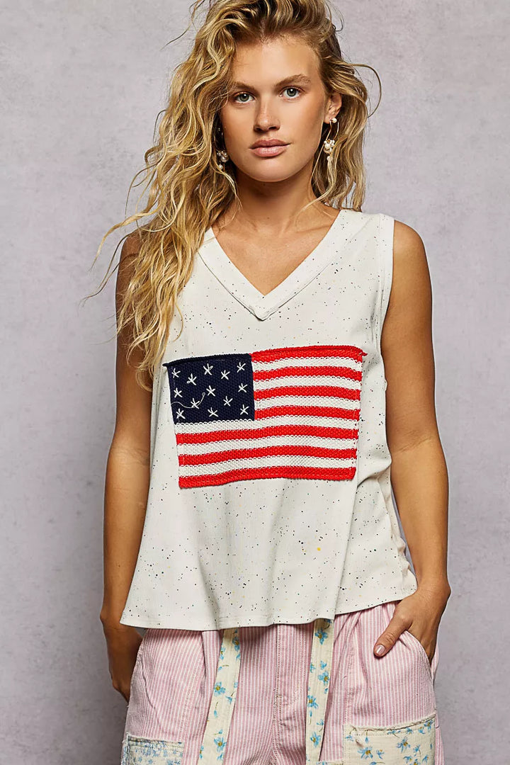 Off White Pol V Neck Ribbed Tank With American Flag Patch And Star Back Patch 2