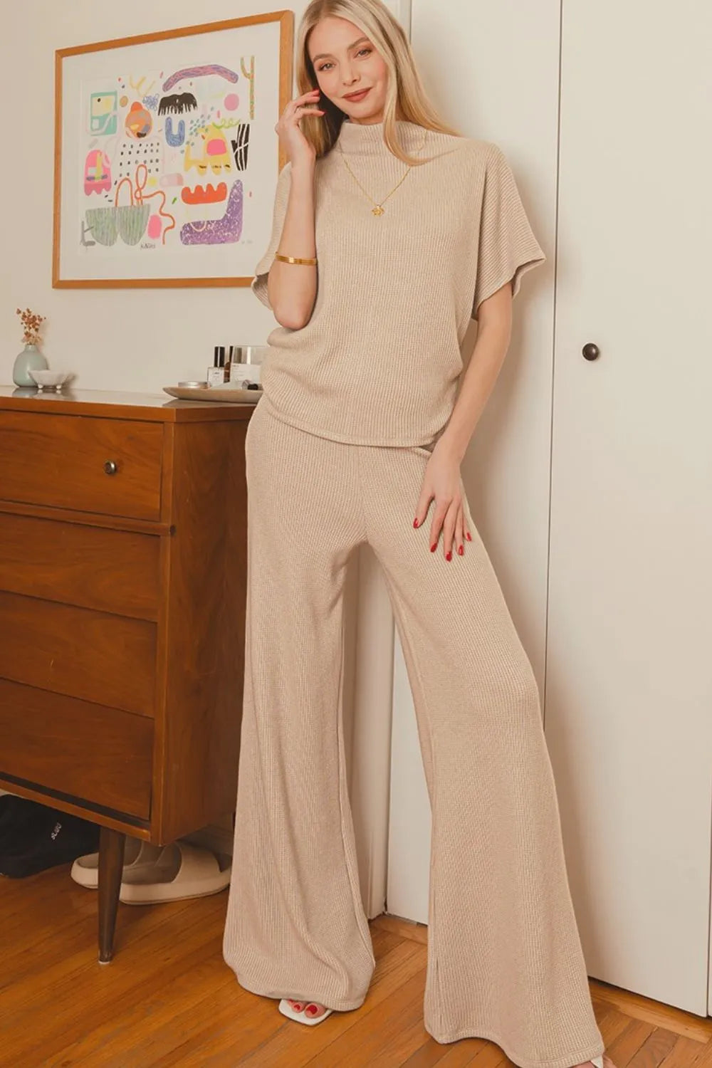 Lt Mocha Zenana Sweater Mock Neck Top Long Pants Set 1