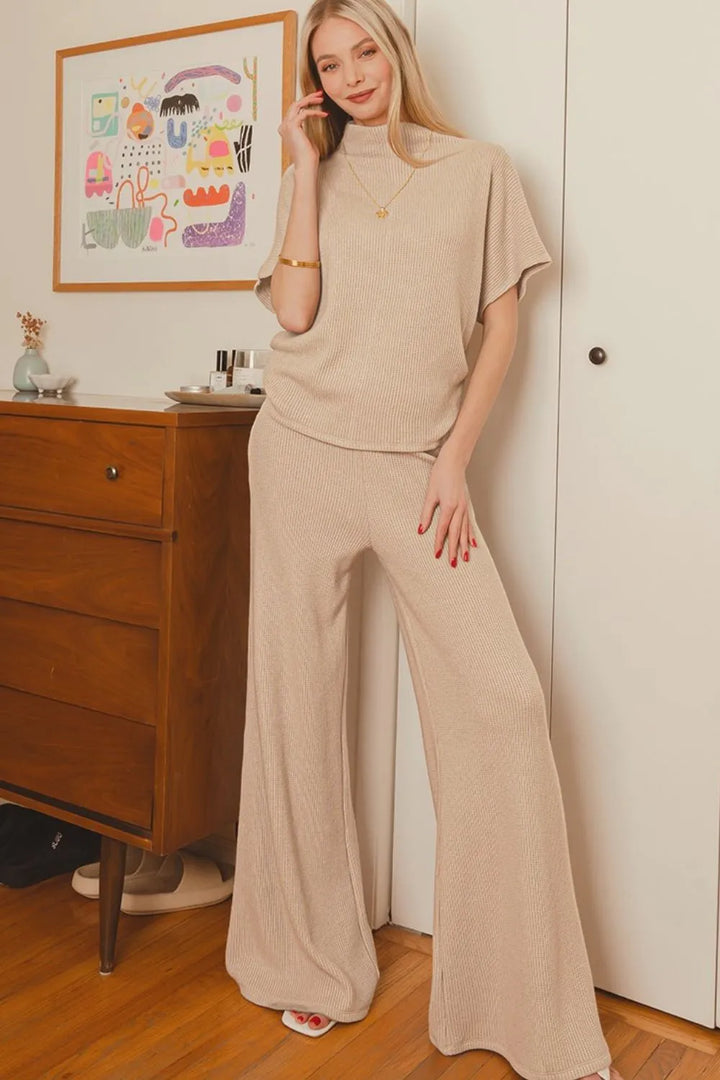 Lt Mocha Zenana Sweater Mock Neck Top Long Pants Set 1