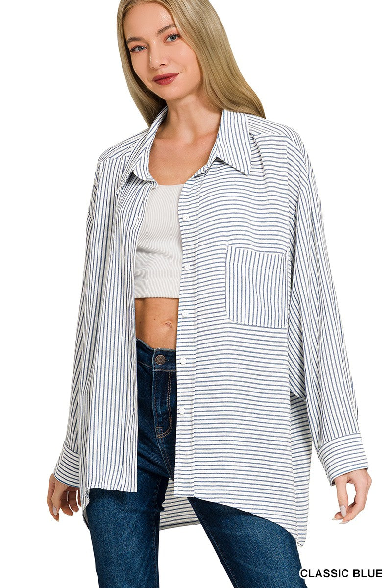 Classic Blue Zenana Woven Stripe Button Down Shirt