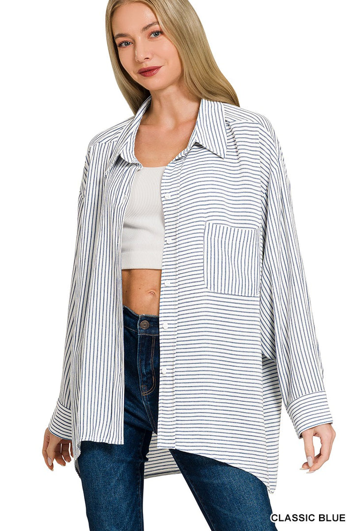 Classic Blue Zenana Woven Stripe Button Down Shirt