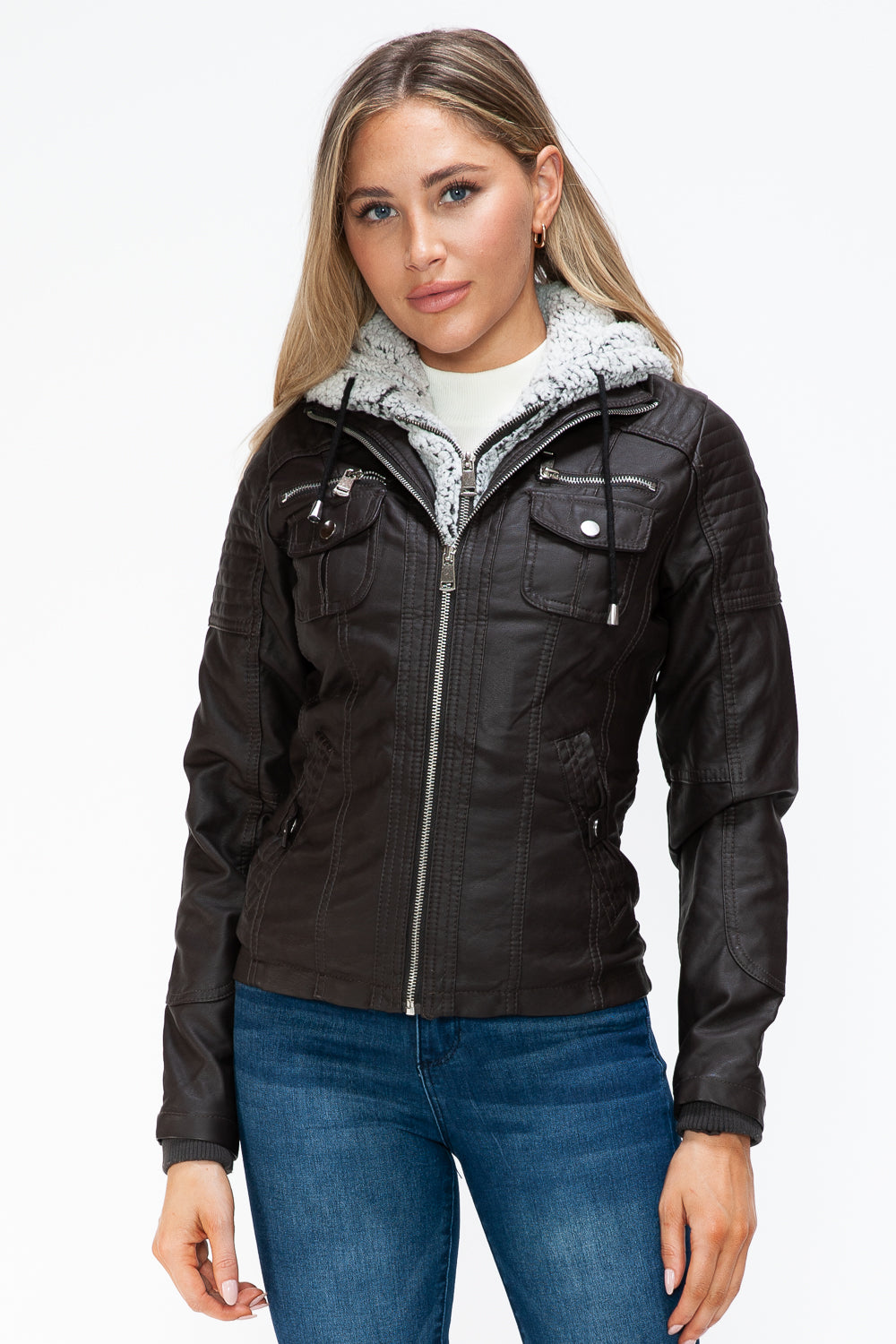 Chocolate Ymi Removable Faux Layered Multi Pocket Jacket With Fuzzy Hood 3