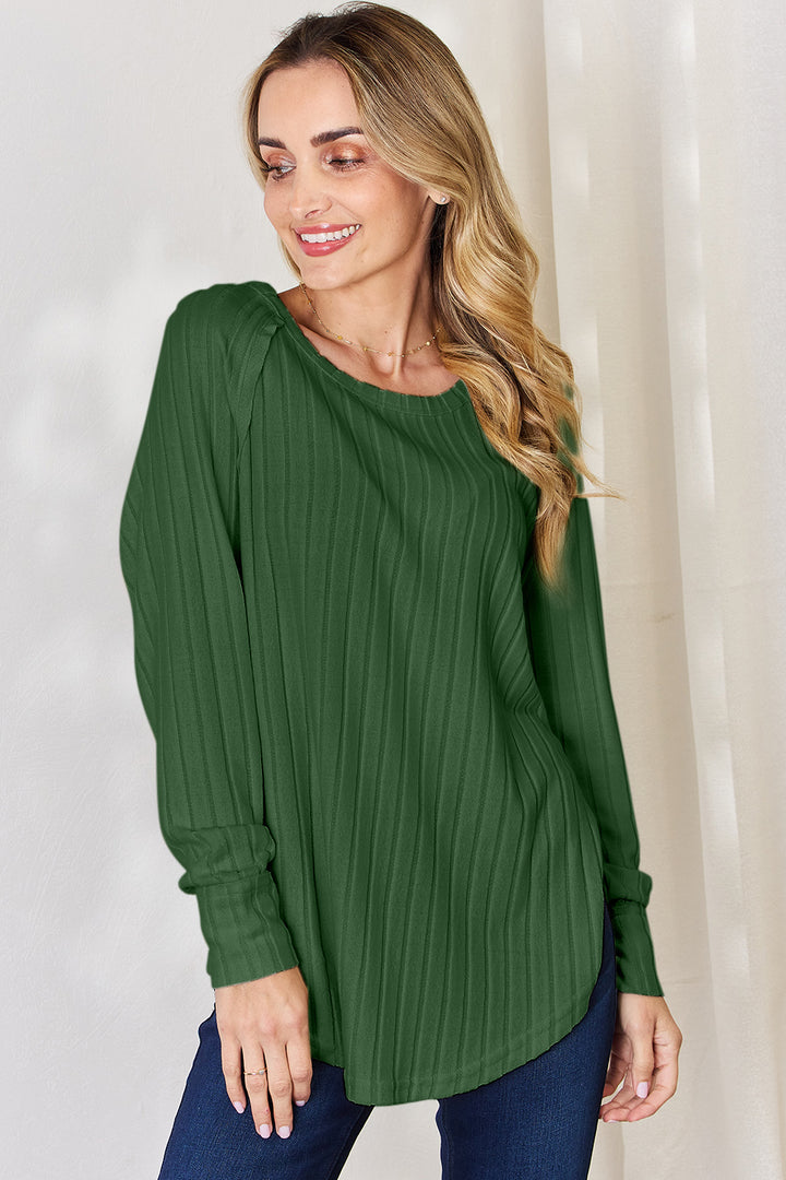 Deep Red Basic Bae Full Size Ribbed Round Neck Slit T Shirt