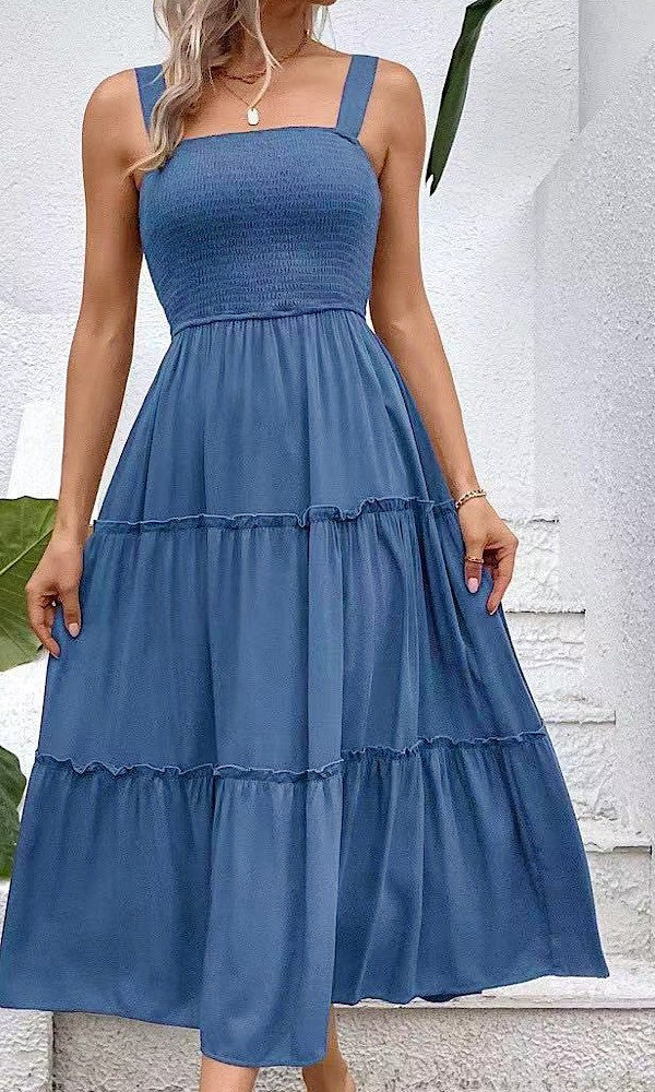 Blue Smocked Midi Dress