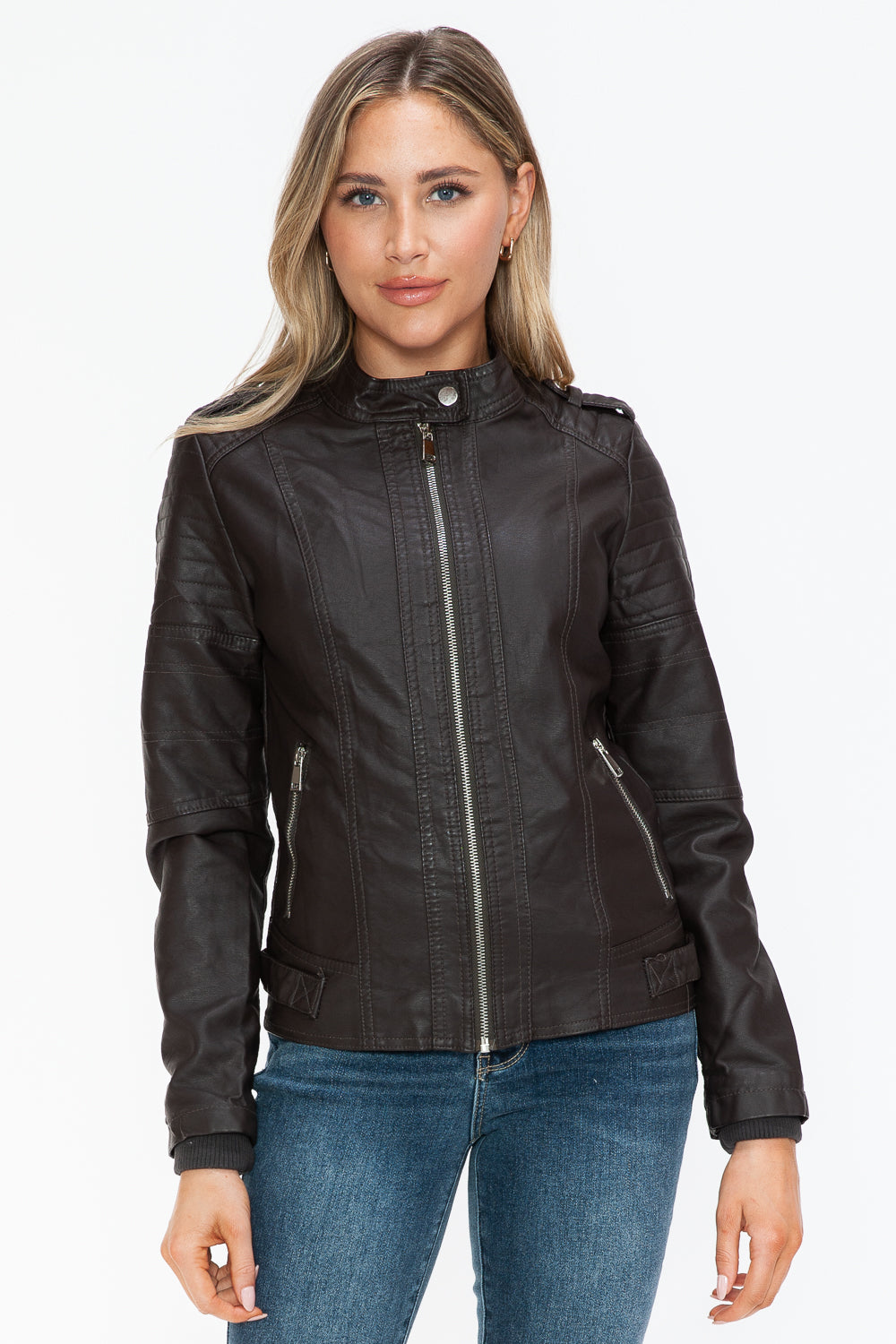 Snobbish Pu Leather Biker Jacket With Side Zip Pockets 2