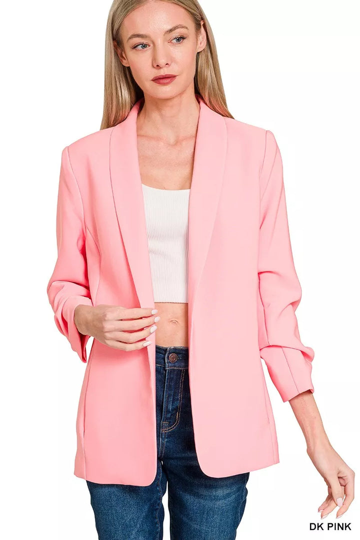 Dk Pink Zenana Woven 3 4 Ruched Sleeve Open Front Classic Blazer
