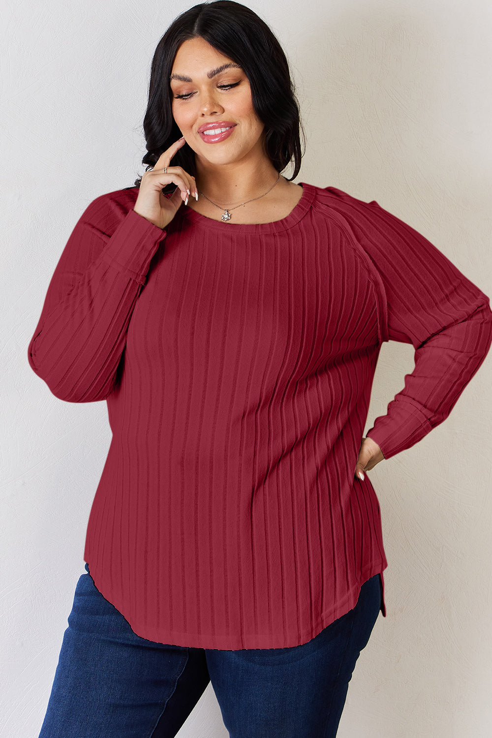Light Yellow Basic Bae Full Size Ribbed Round Neck Slit T Shirt