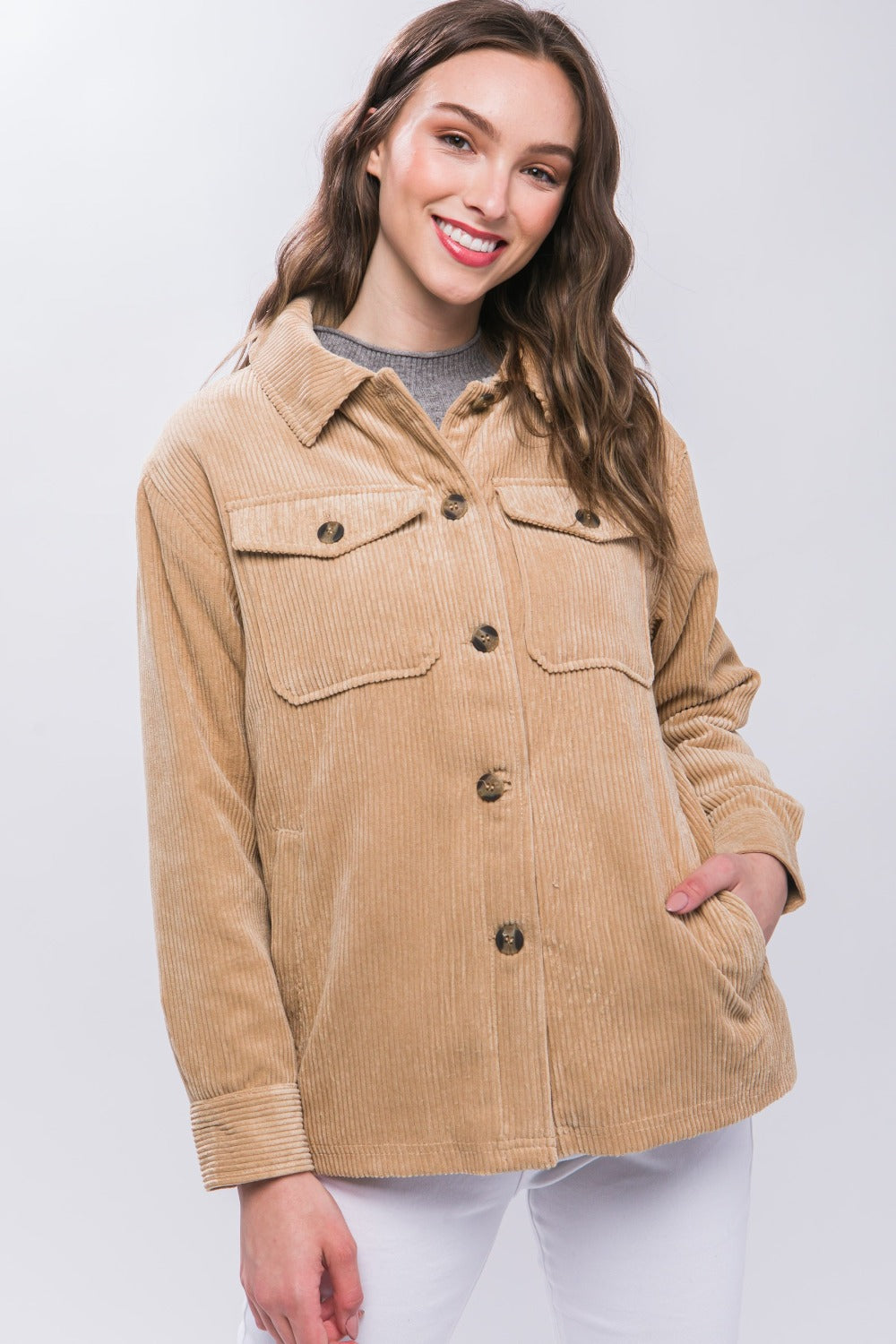 Beige Love Tree Corduroy Button Up Jacket With Sherpa Inside 2