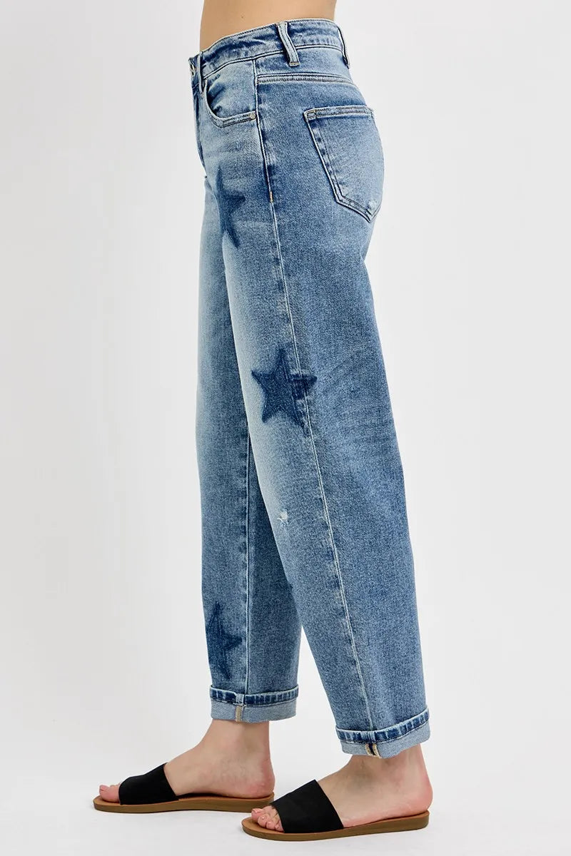 Medium Risen Full Size Mid Rise Boyfriend Star Shadow Detail Cuffed Jeans Plus Size