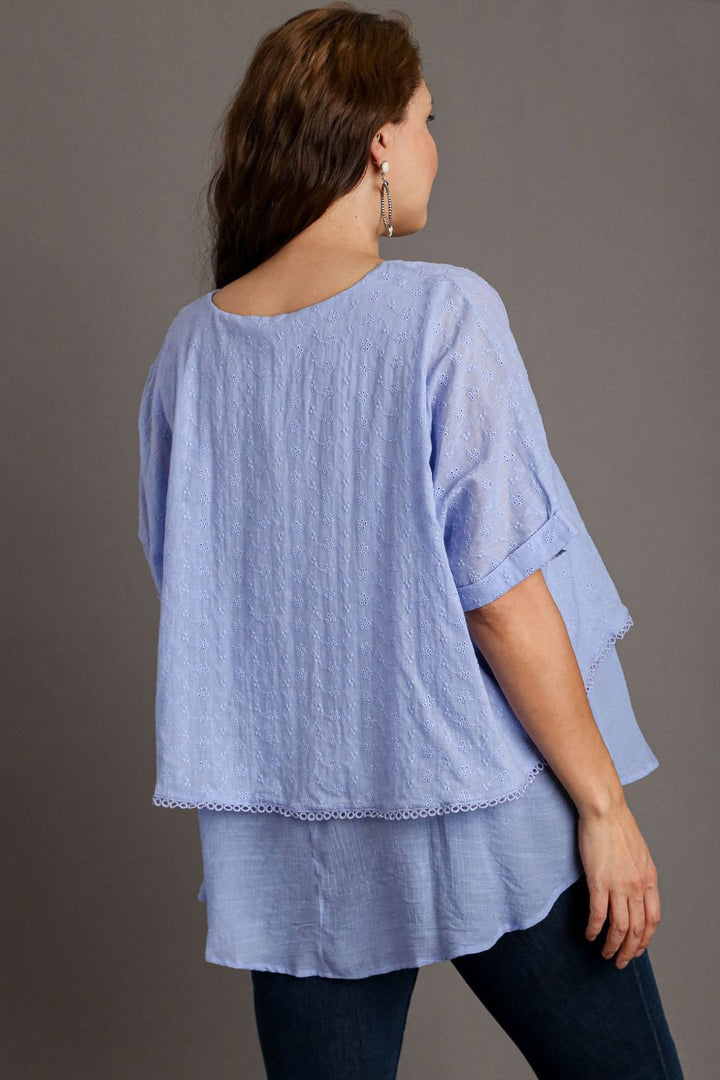 Light Blue Umgee Full Size Eyelet Layered Short Sleeve Blouse Plus Size
