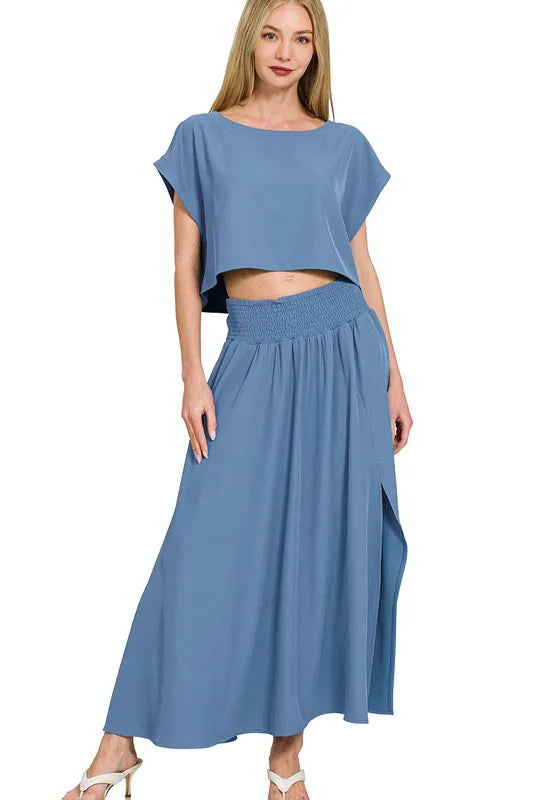 Dusty Blue Zenana Heavy Woven Span Crop Tee Skirt Set 2
