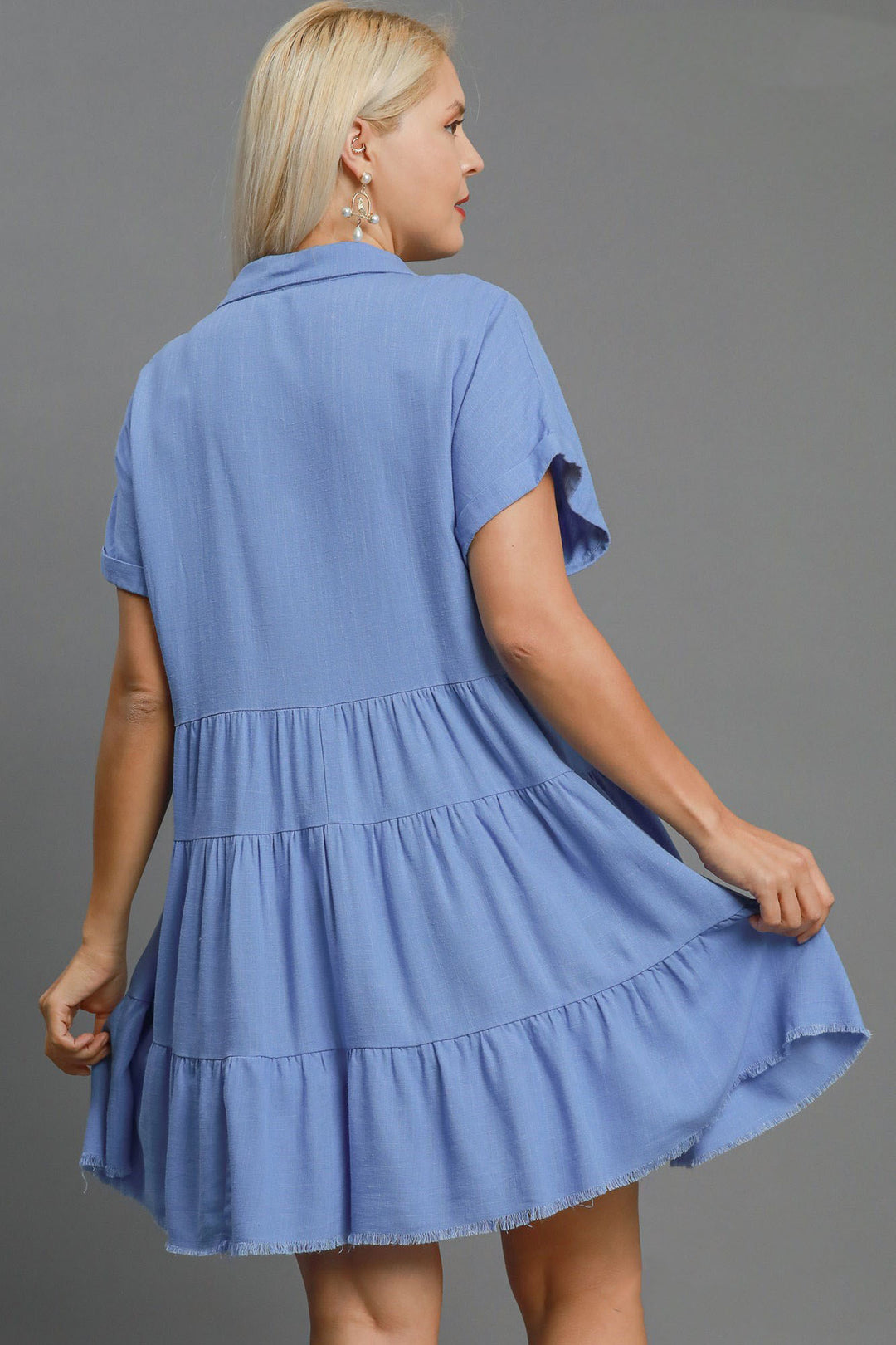 Sky Blue Umgee Full Size Raw Hem Folded Sleeve Tiered Dress Plus Size 1