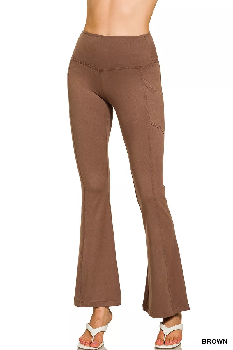 Brown Zenana Brushed Dty Microfiber Flare Pants 1
