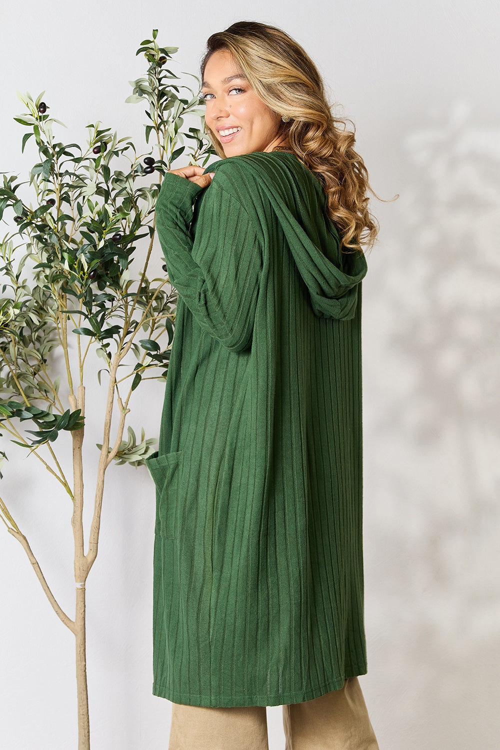 Dark Green Basic Bae Full Size Hooded Sweater Cardigan