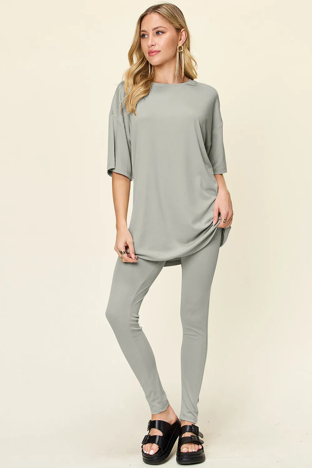 Light Green Double Take Full Size Round Neck Dropped Shoulder T Shirt And Leggings Set