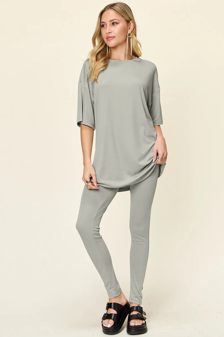 Light Green Double Take Full Size Round Neck Dropped Shoulder T Shirt And Leggings Set